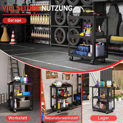 3-Tier Metal Utility Cart with Wheels, Black, 70.5 x 35 x 82.5 cm