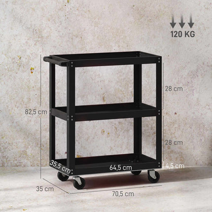 3-Tier Metal Utility Cart with Wheels, Black, 70.5 x 35 x 82.5 cm