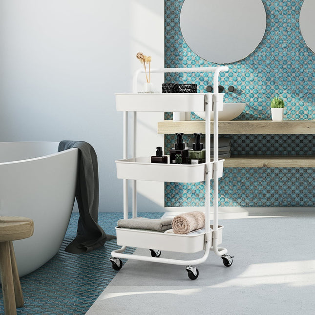 3-Tier Metal Utility Cart with Wheels, Black/White, 42x35x87 cm