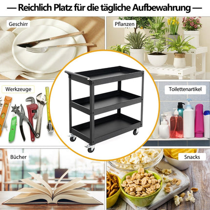 3-Tier Metal Utility Cart with Wheels & Handle