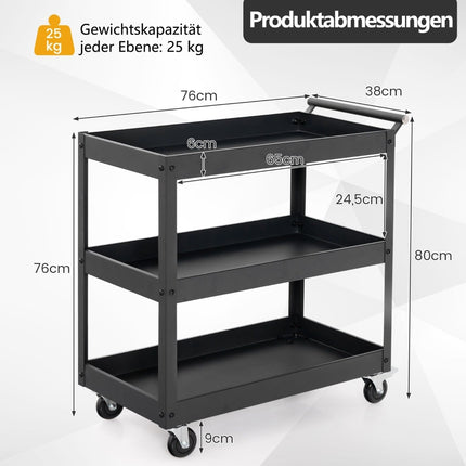 3-Tier Metal Utility Cart with Wheels & Handle