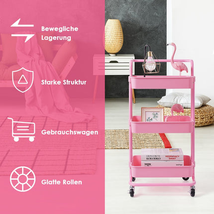 3-Tier Metal Utility Cart with Wheels, Pink, Easy Assembly