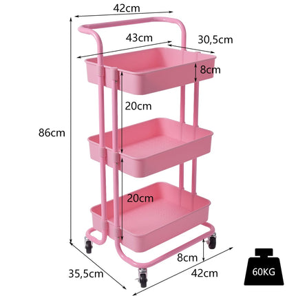 3-Tier Metal Utility Cart with Wheels, Pink, Easy Assembly