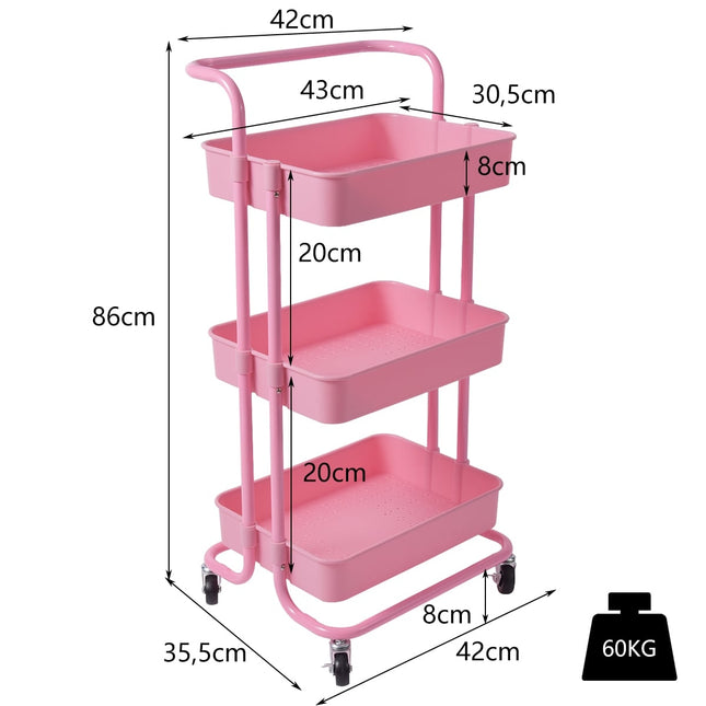 3-Tier Metal Utility Cart with Wheels, Pink, Easy Assembly