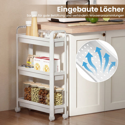 3-Tier Narrow Rolling Cart with Handles, White, 18.5 cm Wide