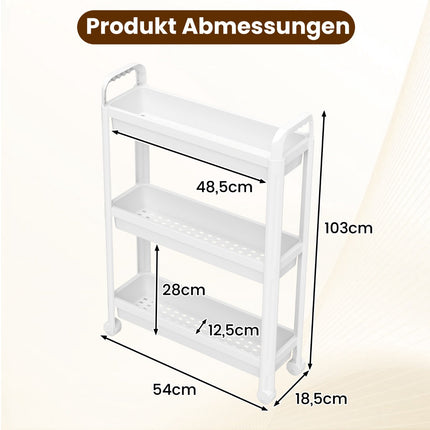 3-Tier Narrow Rolling Cart with Handles, White, 18.5 cm Wide