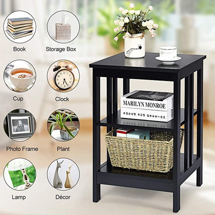 3-Tier Nightstand, MDF Shelves, Reinforced Bars, Black