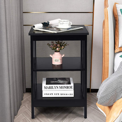 3-Tier Nightstand, MDF Shelves, Reinforced Bars, Black