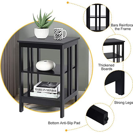3-Tier Nightstand, MDF Shelves, Reinforced Bars, Black