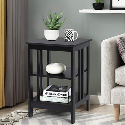 3-Tier Nightstand, MDF Shelves, Reinforced Bars, Black