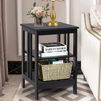 3-Tier Nightstand, MDF Shelves, Reinforced Bars, Black