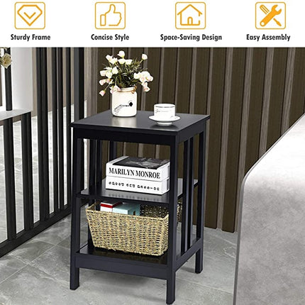 3-Tier Nightstand, MDF Shelves, Reinforced Bars, Black