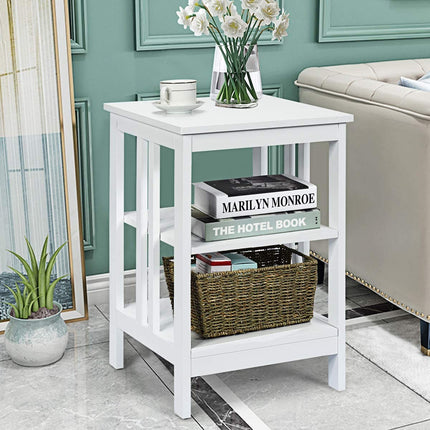 3-Tier Nightstand, MDF Shelves, Reinforced Bars, White