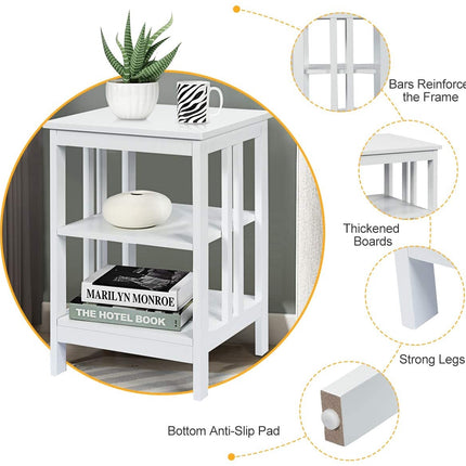 3-Tier Nightstand, MDF Shelves, Reinforced Bars, White