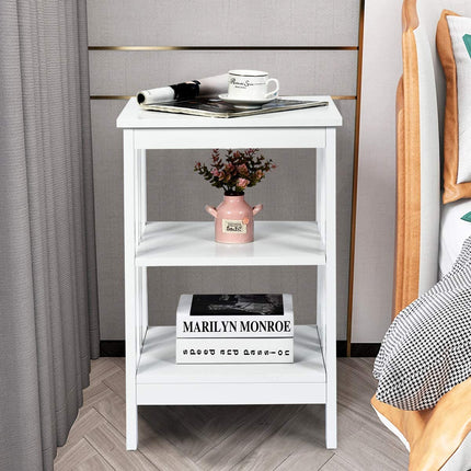 3-Tier Nightstand, MDF Shelves, Reinforced Bars, White