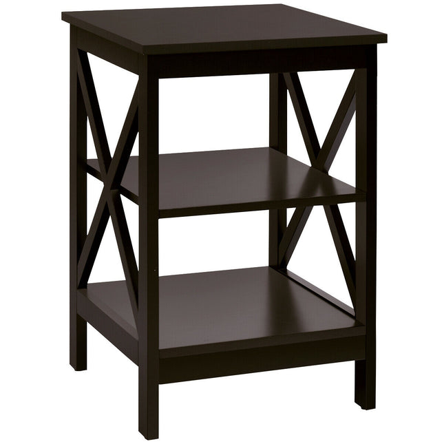 3-Tier Nightstand, X-Frame Shelves, Dark Brown