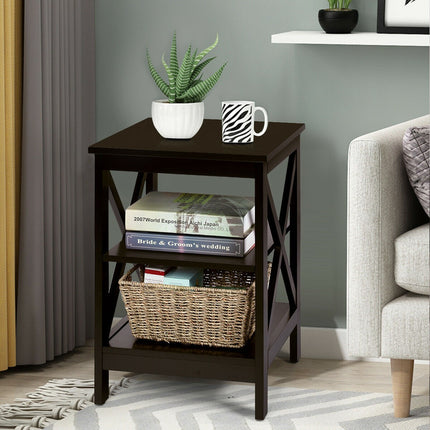 3-Tier Nightstand, X-Frame Shelves, Dark Brown