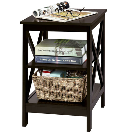 3-Tier Nightstand, X-Frame Shelves, Dark Brown