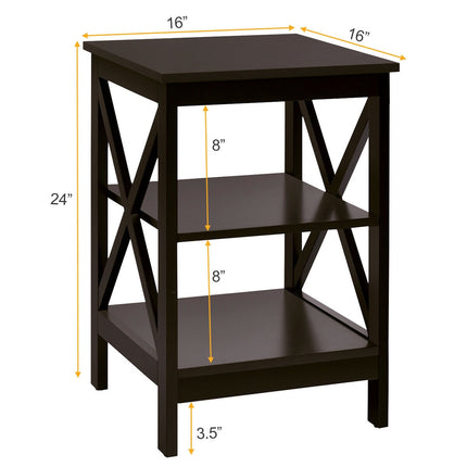 3-Tier Nightstand, X-Frame Shelves, Dark Brown