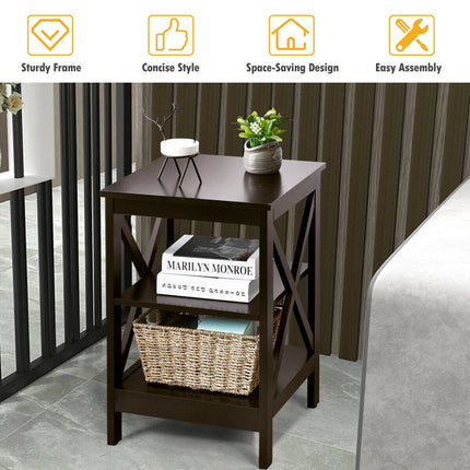 3-Tier Nightstand, X-Frame Shelves, Dark Brown