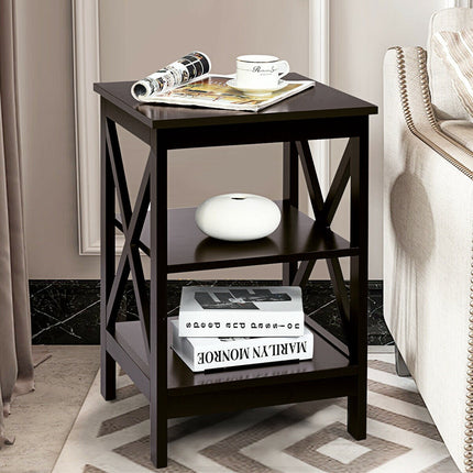 3-Tier Nightstand, X-Frame Shelves, Dark Brown