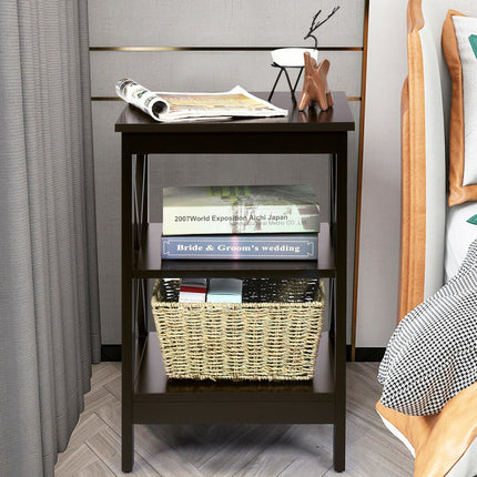 3-Tier Nightstand, X-Frame Shelves, Dark Brown