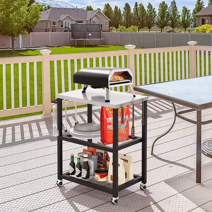 3 Tier Outdoor Grill Cart with 3 Hooks & Stainless Steel Plate & Handle Multi-Purpose Cart