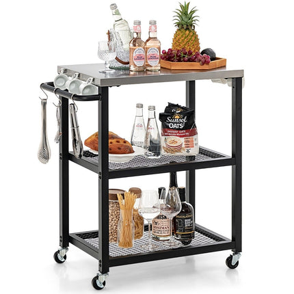 3 Tier Outdoor Grill Cart with 3 Hooks & Stainless Steel Plate & Handle Multi-Purpose Cart