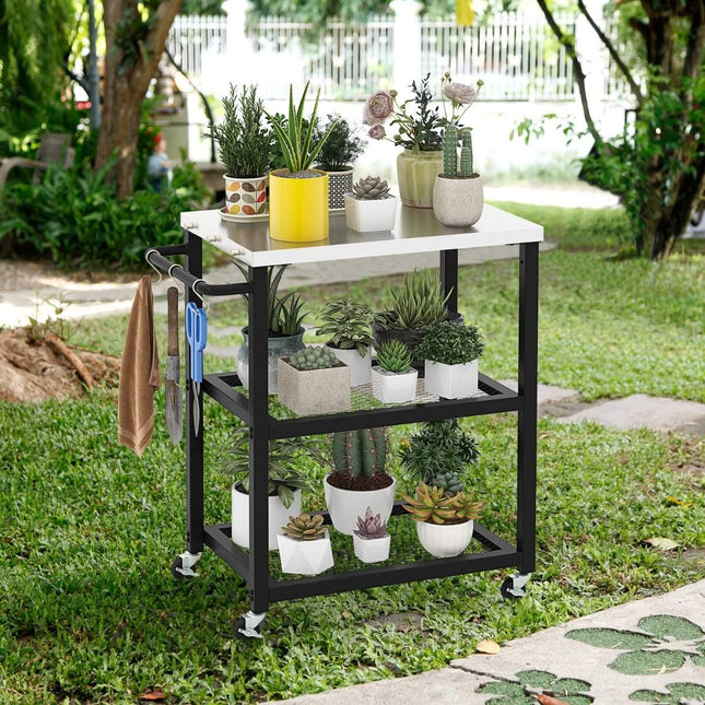 3 Tier Outdoor Grill Cart with 3 Hooks & Stainless Steel Plate & Handle Multi-Purpose Cart