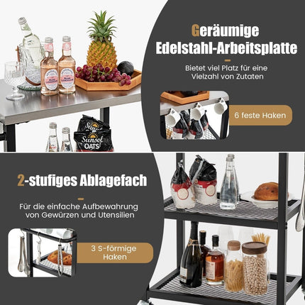 3 Tier Outdoor Grill Cart with 3 Hooks & Stainless Steel Plate & Handle Multi-Purpose Cart