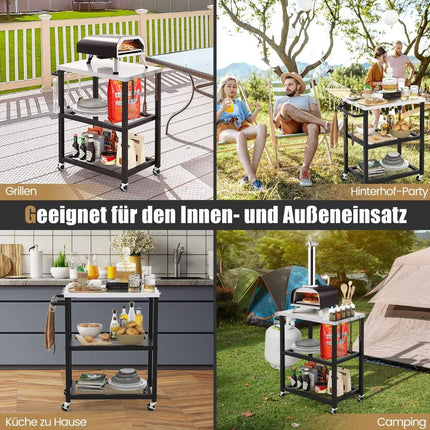 3 Tier Outdoor Grill Cart with 3 Hooks & Stainless Steel Plate & Handle Multi-Purpose Cart