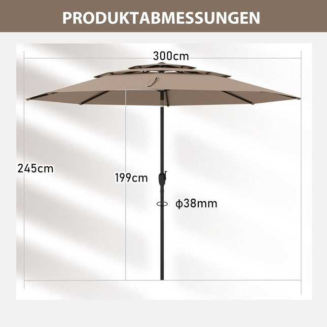 3-Tier Patio Umbrella, 300cm, Wind-Resistant, Brown