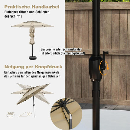 3-Tier Patio Umbrella, Beige, 300 cm, Wind-Resistant