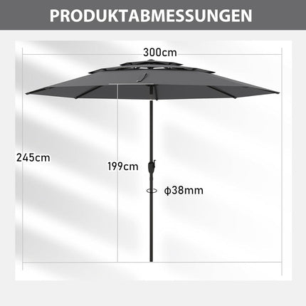 3-Tier Patio Umbrella, Crank, Tilt, 300cm, Grey