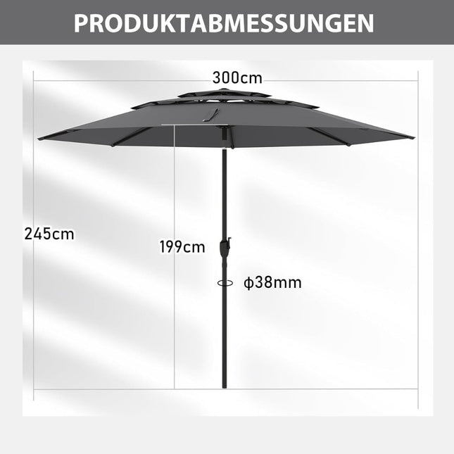 3-Tier Patio Umbrella, Crank, Tilt, 300cm, Grey
