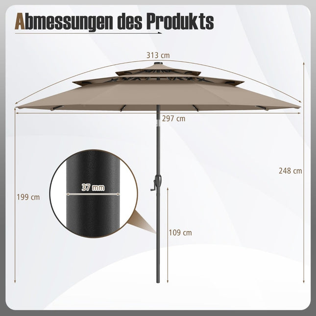 3-Tier Patio Umbrella, Solar LED, Crank Tilt, Brown