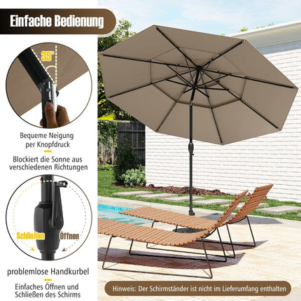 3-Tier Patio Umbrella, Solar LED, Crank Tilt, Brown