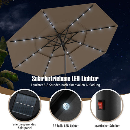 3-Tier Patio Umbrella, Solar LED, Crank Tilt, Brown