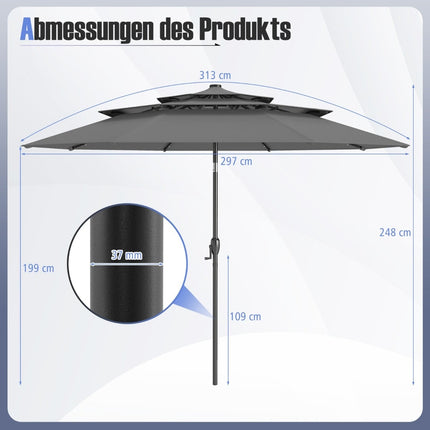 3-Tier Patio Umbrella with Solar LED Lights, Grey