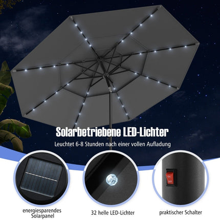 3-Tier Patio Umbrella with Solar LED Lights, Grey