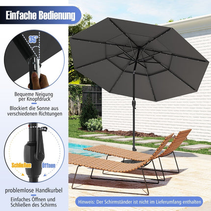 3-Tier Patio Umbrella with Solar LED Lights, Grey