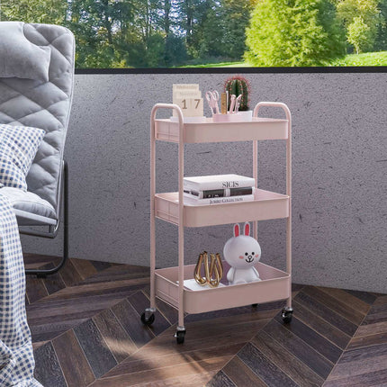 3-Tier Pink Steel Storage Cart with Wheels