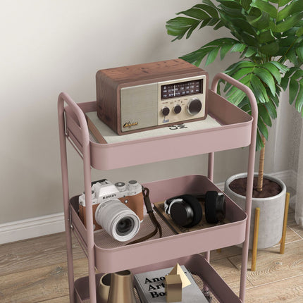 3-Tier Pink Steel Storage Cart with Wheels
