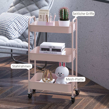 3-Tier Pink Steel Storage Cart with Wheels