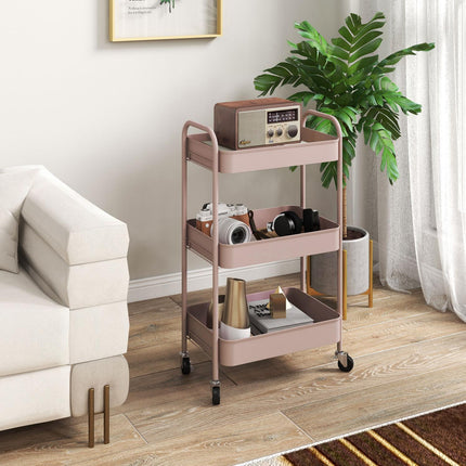 3-Tier Pink Steel Storage Cart with Wheels