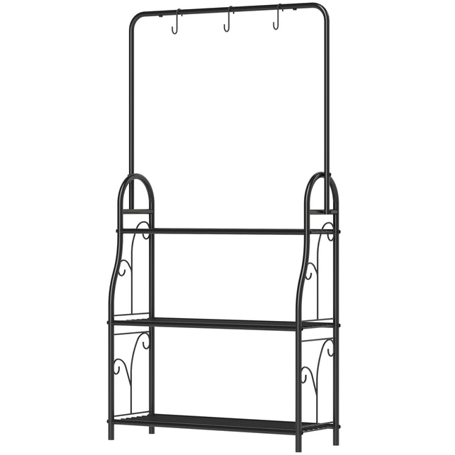 3-tier plant stand in black metal with hanging hooks, 137 cm high