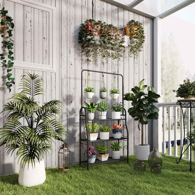 3-tier plant stand in black metal with hanging hooks, 137 cm high