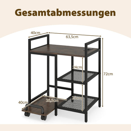 3-Tier Printer Stand with Charging Station, Rustic Brown