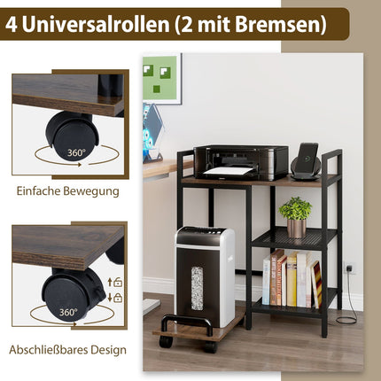 3-Tier Printer Stand with Charging Station, Rustic Brown