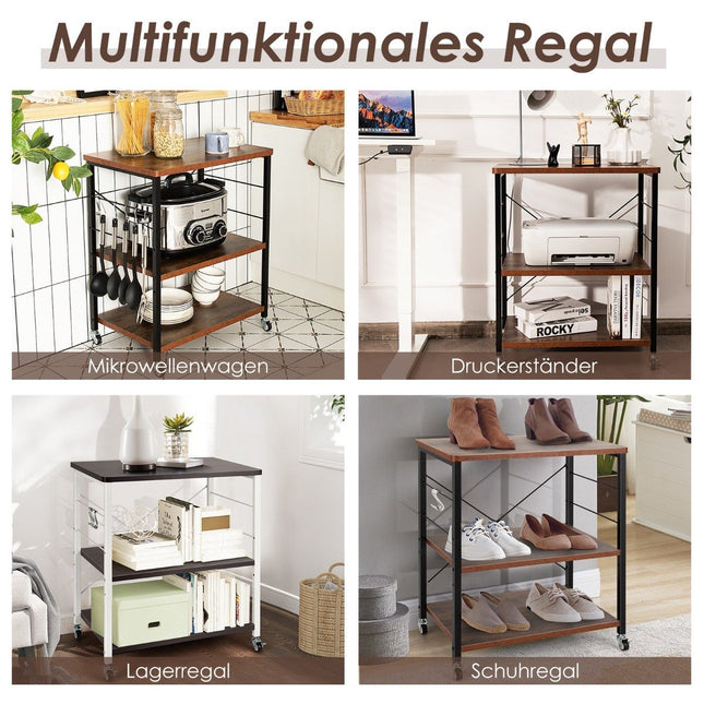 3-Tier Rolling Cart with Adjustable Shelf & 10 Hooks